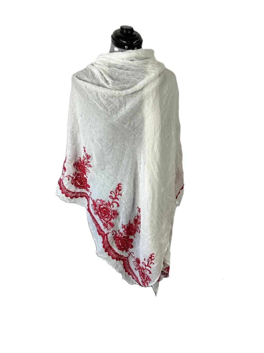 Embroidered Gauzy Scarf Wrap Red White Floral